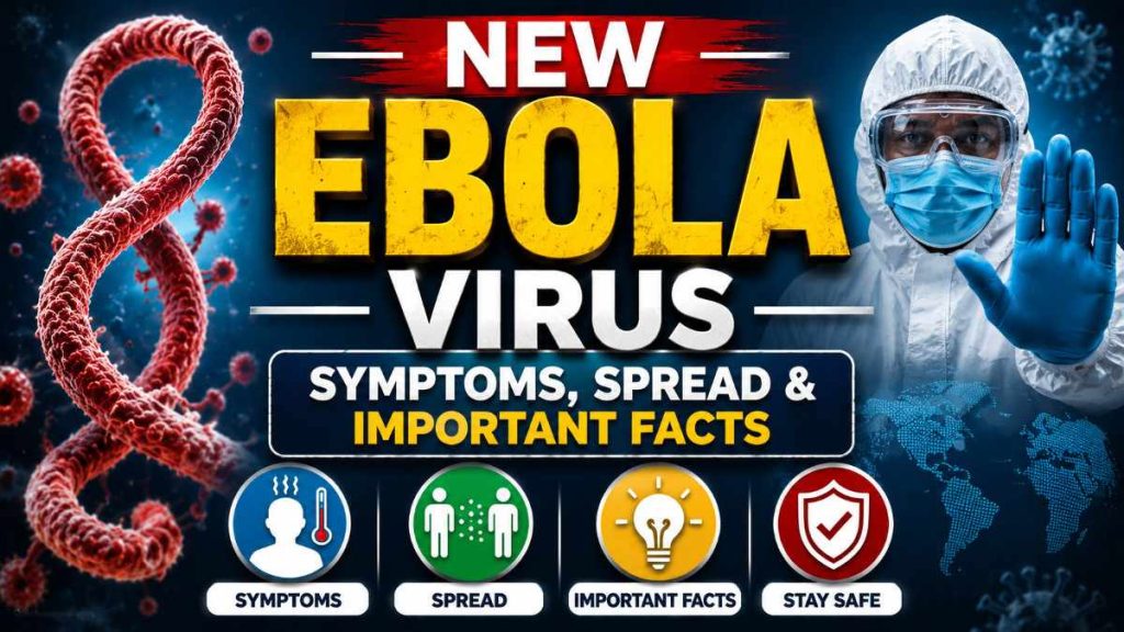 New Ebola Virus informational thumbnail showing Ebola virus graphics, a healthcare worker in protective gear, and bold text reading “Symptoms, Spread & Important Facts” with safety and awareness