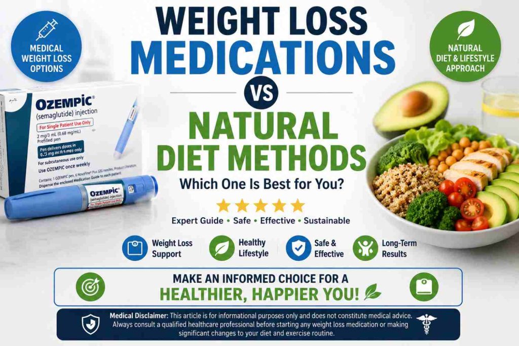 weight loss medications like Ozempic versus natural diet methods, featuring healthy foods, medical injection pen, wellness icons, and centered bold text about safe and sustainable weight loss.