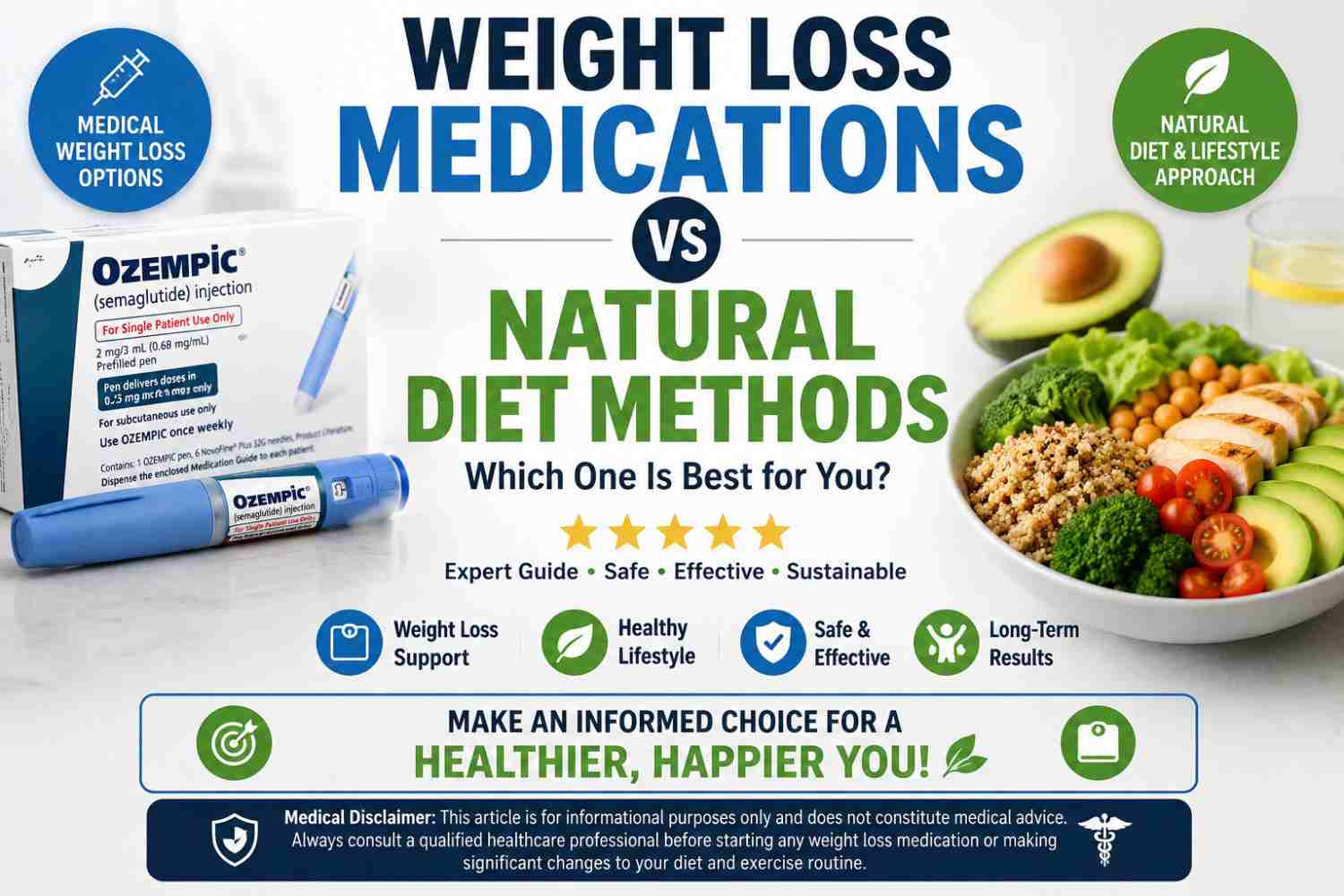 weight loss medications like Ozempic versus natural diet methods, featuring healthy foods, medical injection pen, wellness icons, and centered bold text about safe and sustainable weight loss.