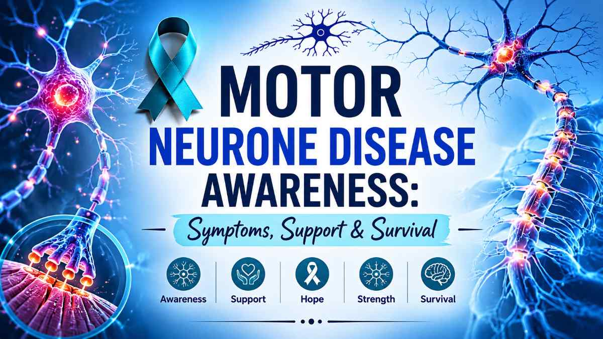 Motor Neurone Disease awareness illustration highlighting key symptoms, patient support care, neurological condition awareness, and survival education concept for healthcare and medical information